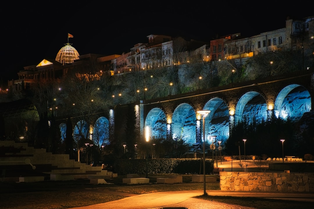 Vue nocturne sur le parc Rike et le palais présidentiel à Tbilissi, Géorgie
