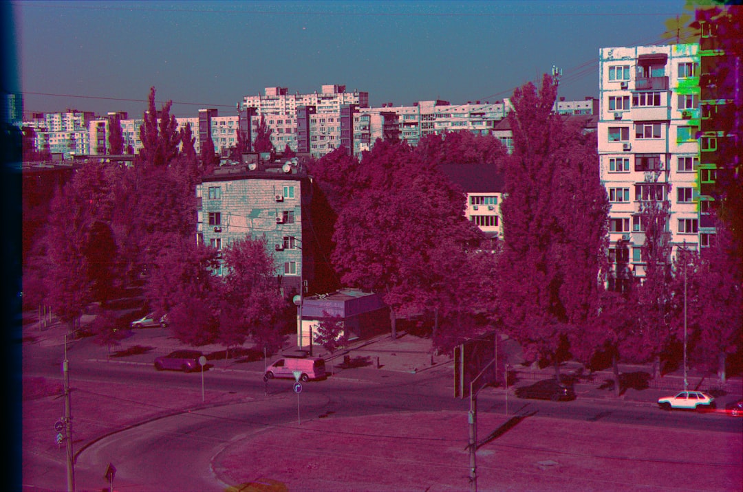 Apartment buildings surrounded by trees on a sunny day.