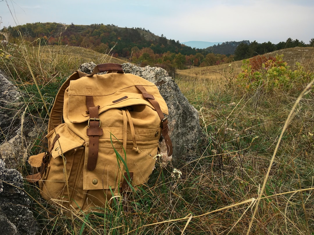 Sac à dos de voyageur solo posé sur une colline aux couleurs automnales