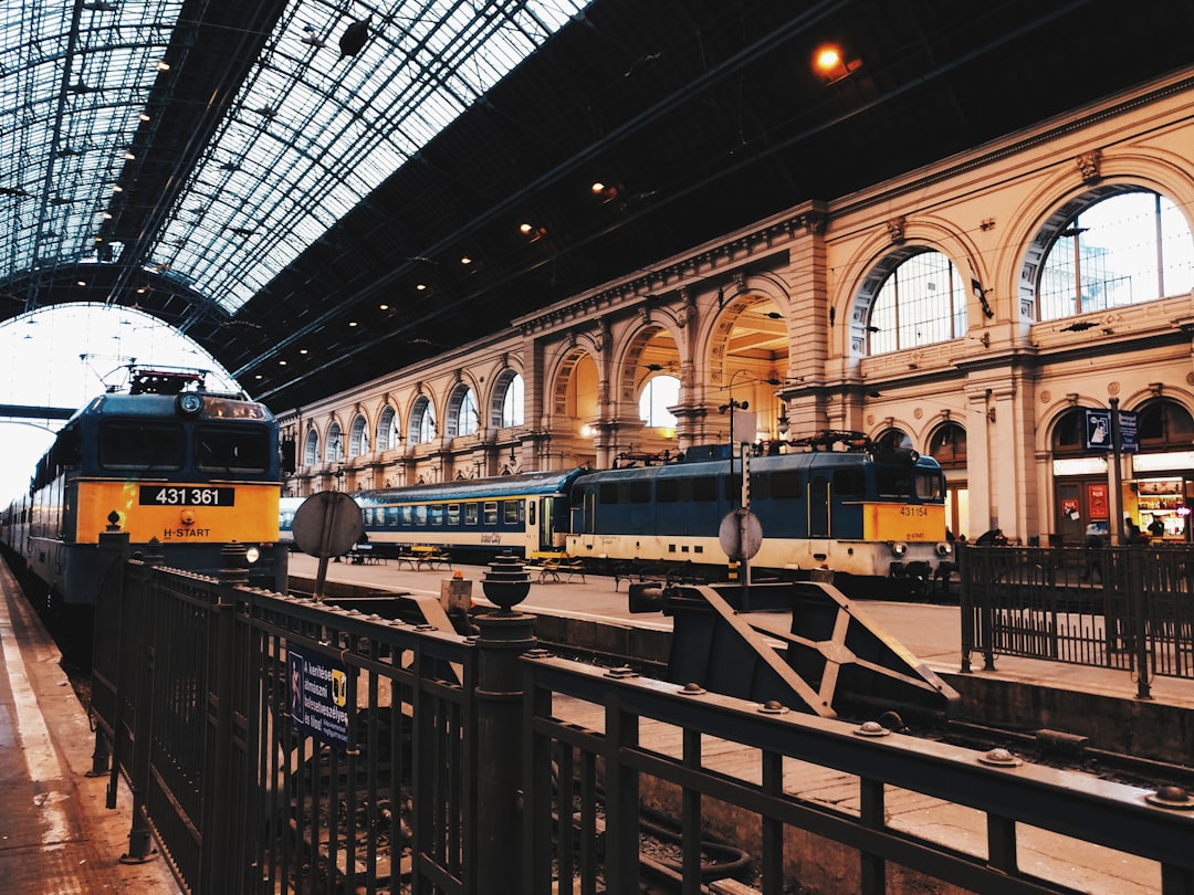 Deux trains de nuit garés côte à côte sur un quai de gare en Europe