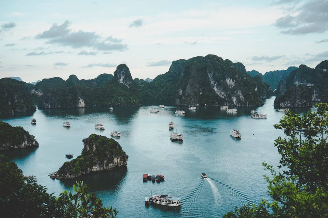 Bateaux sur la baie d'Ha Long au Viêt Nam, îlots karstiques en arrière-plan